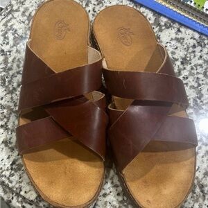 Chaco Brown Leather Crisscross Slide Sandals